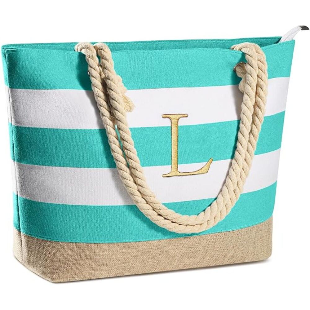 "L" Monogrammed Canvas Beach Tote Bag